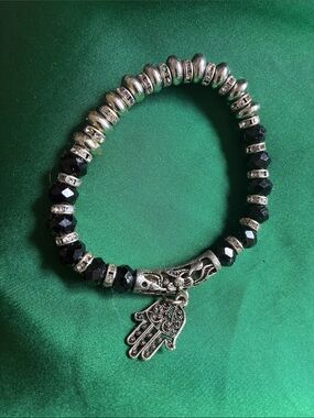Silver and Black Hamsa Charm Beaded Bracelet